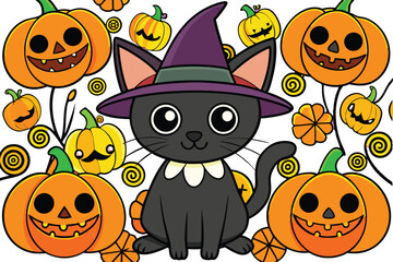 Black cat background with pumpkins and witch hat - Halloween Background illustration 