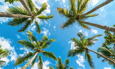 Naklejka premium calm summer seascape with hills and coconut trees with waves and beach sand Generate AI