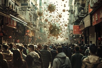 Dark unsettling look virus bustling urban chaos. Virus navigates crowded street spreading public fear. It represents ubiquitous anxiety felt face of invisible dangers.
