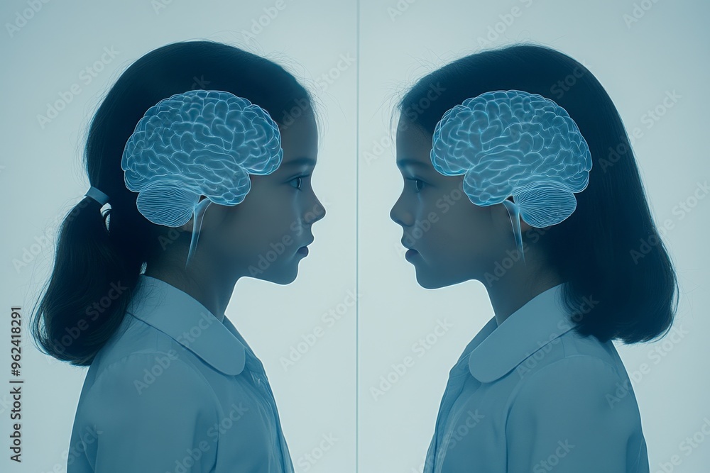 Poster neural node cognitive brain network dual portraits of a young girl with neural networks emphasize th