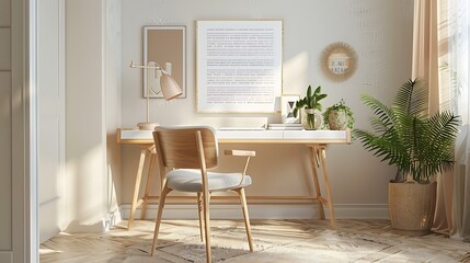 Modern Scandinavian home office setup with wooden chair simple desk lamp and motivational wall quote designed to enhance productivity with natural elements like a potted fern and clean white desk
