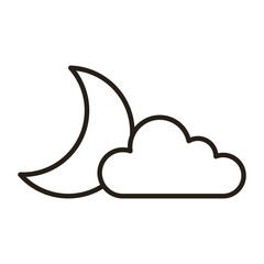 Vector icon of crescent moon and cloud. Black outline. Vector illustration isolated on white background