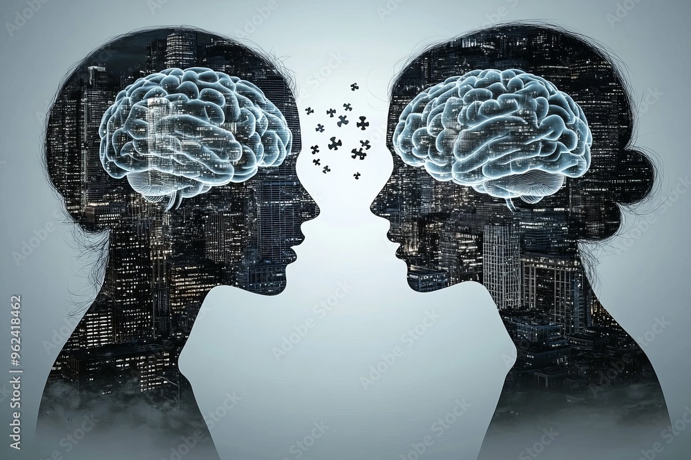 Poster cerebral network cognitive brain network black and white profiles of two faces connected by a neural