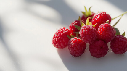 a cluster of fresh raspberries with tiny hairs and natural dew against an isolated white background