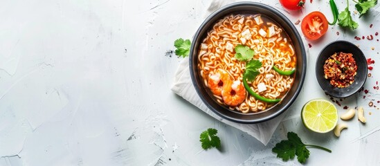 Instant Noodles With Tom Yum Kung Copy Space On White Backgrond