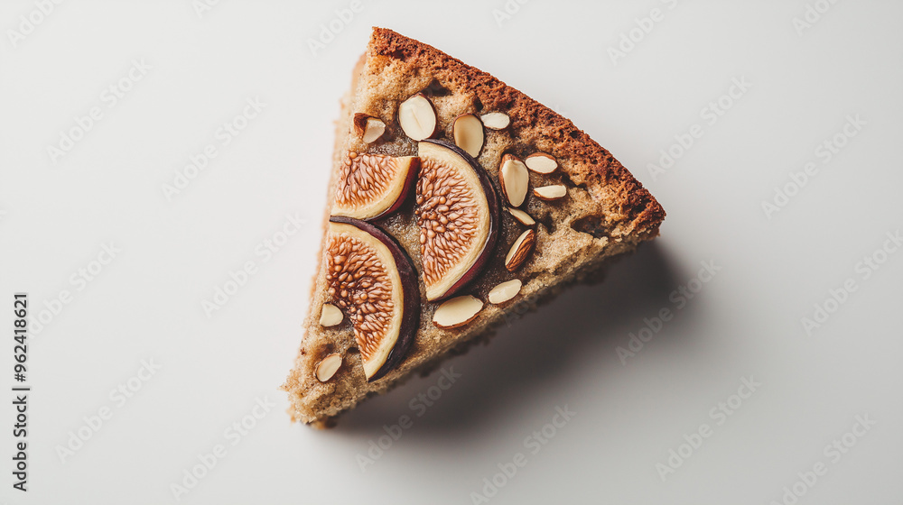 Wall mural a fig and almond cake slice with fig slices and almond flakes on top against an isolated white backg