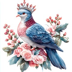 A dove with a jeweled crown, adorned with pink roses and green leaves, against a white background.