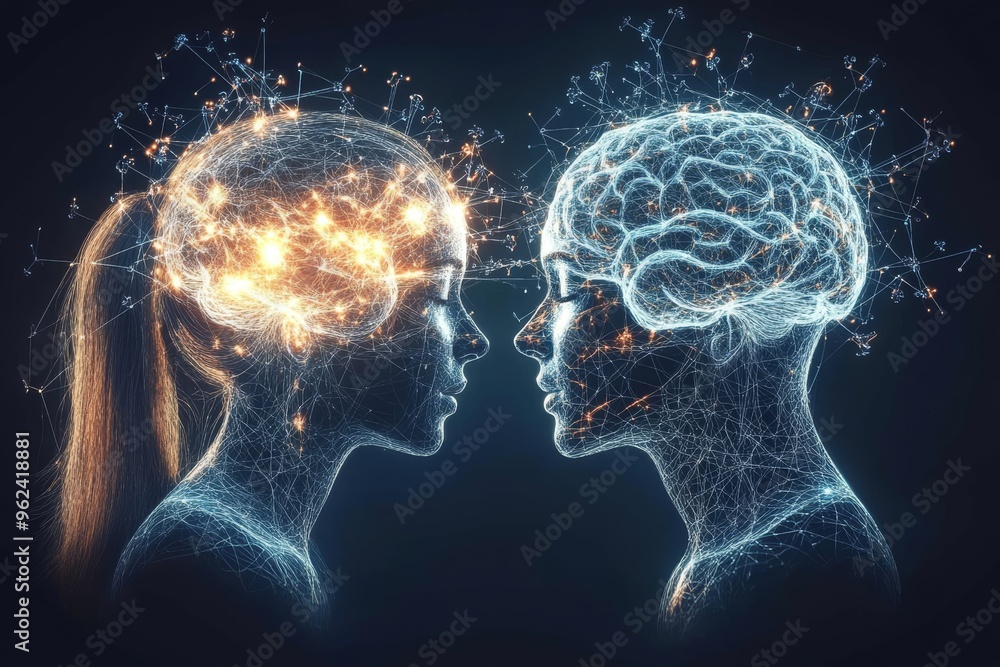 Sticker brain connectivity cognitive brain network glowing neural profiles of two faces merging in a digital