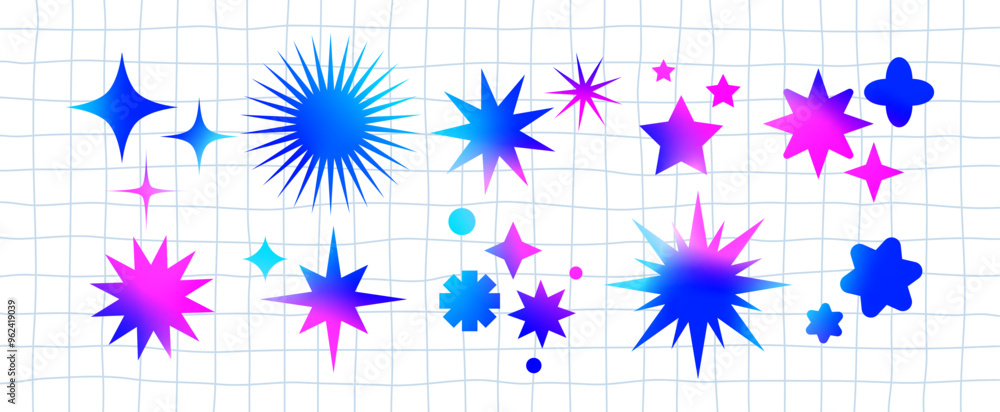 Poster Vector Star Shape Icons with Gradient. Abstract Shine and Spark Colorful Stars