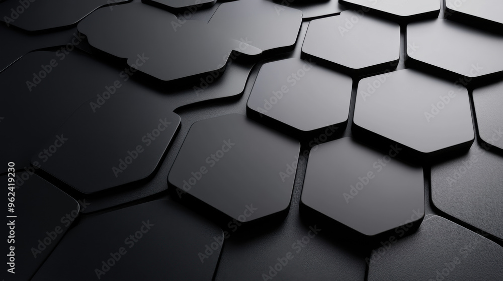 Poster an abstract pattern of black hexagonal shapes on a sleek, modern surface, evoking a futuristic and m