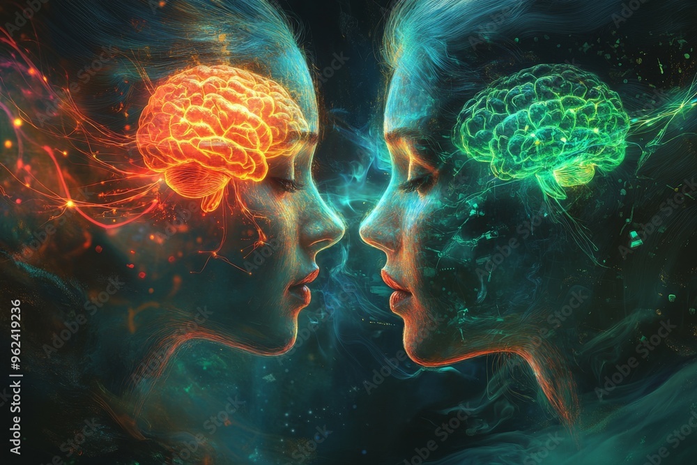 Poster thought machinery cognitive brain network illuminated neural brains of a couple facing each other ag