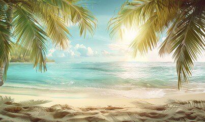 Fototapeta premium calm summer seascape with hills and coconut trees with waves and beach sand Generate AI