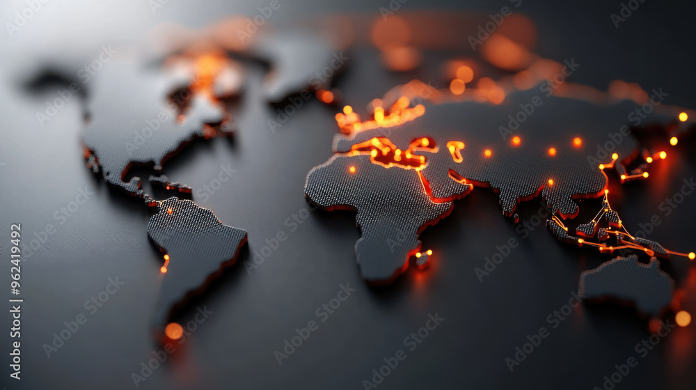 Poster a futuristic map of the world with glowing lights representing global networks, highlighting connect