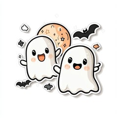 Obraz premium Cute Cartoon Ghosts with Moon Illustration for Halloween