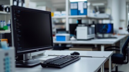 A close-up view of a computer screen in a brightly lit, modern laboratory setting. The clean and organized workspace emphasizes efficiency and precision in a scientific environment.