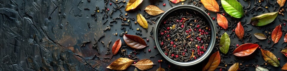 Vibrant assortment of aromatic spices and herbs including pepper cumin coriander cloves and bay leaves arranged on a dark rustic background with scattered autumn leaves showcasing the rich textures