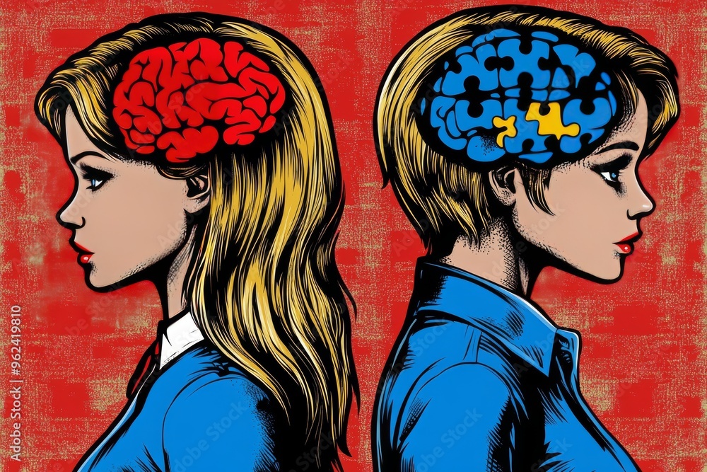 Poster synaptic circuits limbic system comic style depiction of twin women with exposed brain structures em