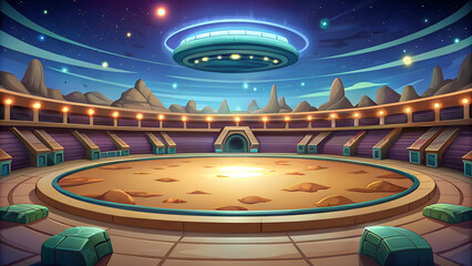 Futuristic Arena with UFO Hovering Above and Rocky Terrain