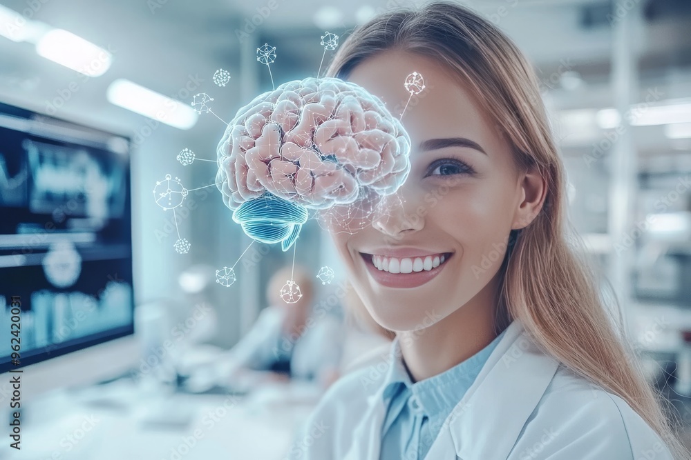 Aufkleber brain circuits limbic system smiling female scientist in lab with holographic brain projection showc