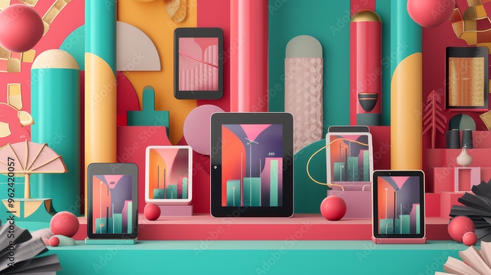 Poster a vibrant digital art display showcasing multiple tablets with colorful bar graphs on their screens.
