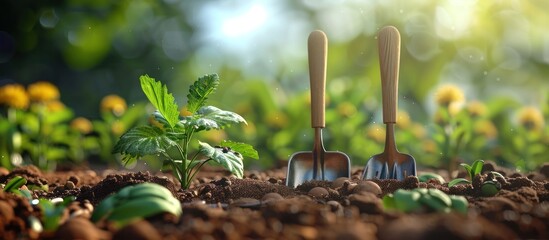Close up view of gardening tools such as a shovel and rake placed in fertile soil with a young green plant or seedling growing  The background is blurred with out of focus colorful floral vegetation