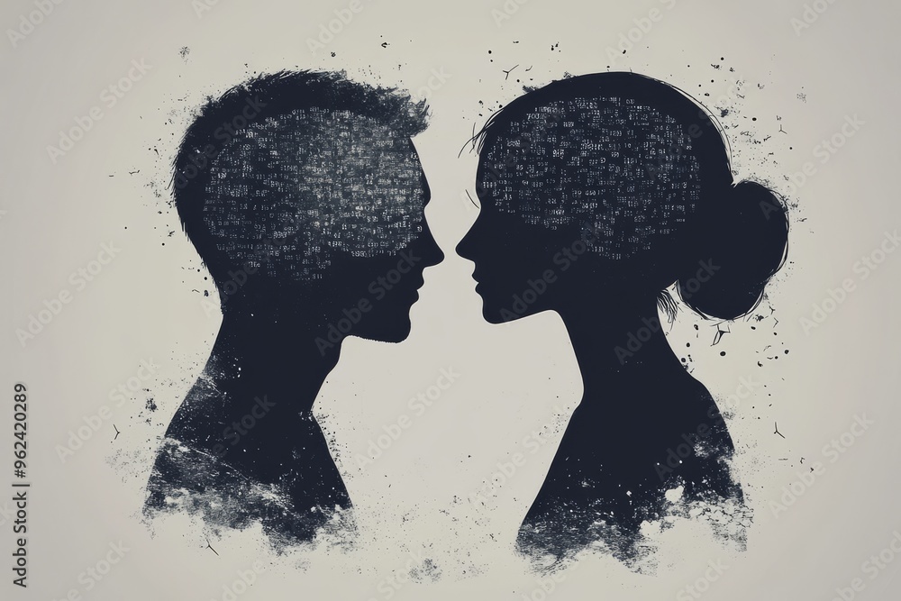 Poster mental circuits limbic system minimalist silhouette profiles of a man and woman facing each other wi