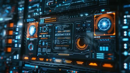 Fototapeta premium Futuristic Interface with Blue and Orange Glowing Displays