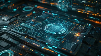 Fototapeta premium Futuristic Tech Interface with Glowing Blue and Orange Displays