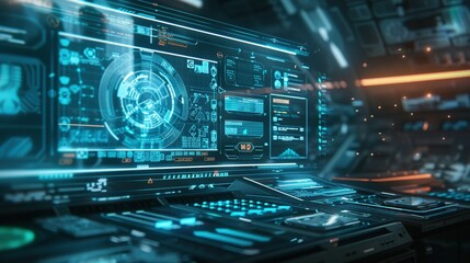 Obraz premium Futuristic Computer Workstation with Blue and Orange Lights