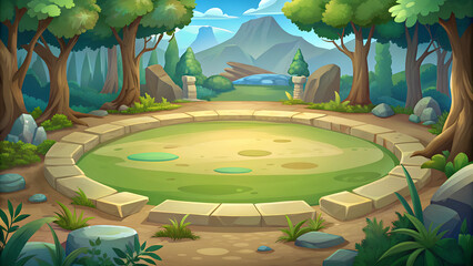 Peaceful Forest Arena with Stone Path and Tree-Lined Surroundings