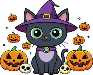 Black cat background with pumpkins and witch hat - Halloween Background illustration 