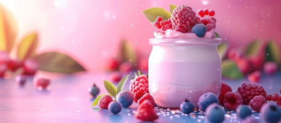 Creamy and smooth gourmet dessert topped with fresh juicy raspberries blueberries and blackberries arranged in an elegant stylish display