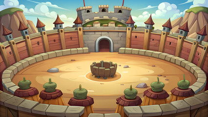 Fototapeta premium Medieval Castle Arena with Stone Walls and Central Wooden Tower