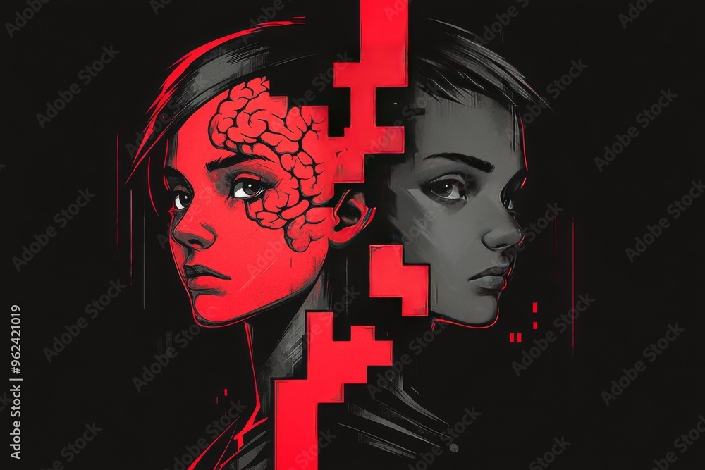 Poster brain framework limbic system split red and black profiles of a woman emphasizing duality of thought