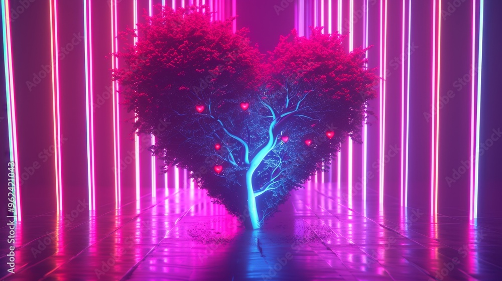 Poster a heart-shaped tree adorned with glowing lights is set in a neon-lit corridor, creating a futuristic