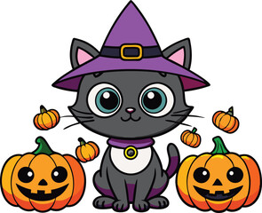 Black cat background with pumpkins and witch hat - Halloween Background illustration 