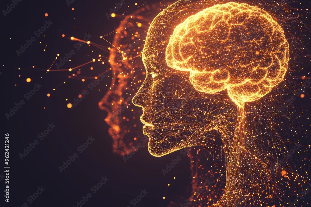 Aufkleber brain cortex limbic system luminous profile of a woman with glowing brain elements representing a bu