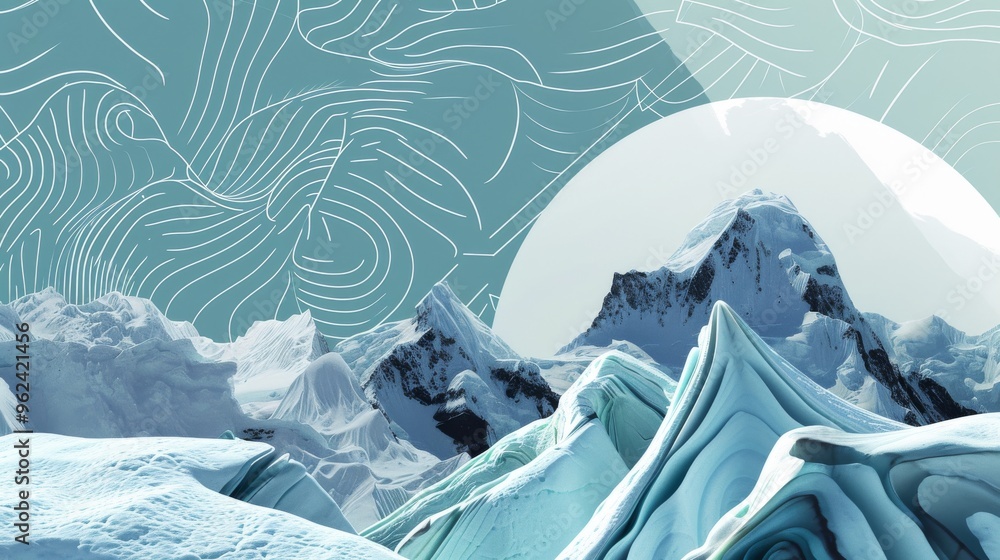 Poster a captivating surreal mountain landscape featuring abstract patterns and a large sun in the backgrou