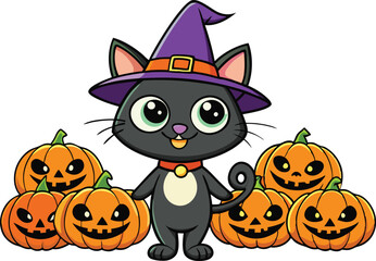 Black cat background with pumpkins and witch hat - Halloween Background illustration 