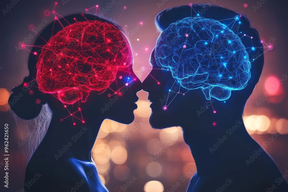 Poster cognitive brain grid limbic system vibrant red and blue brain structures in romantic embrace symboli