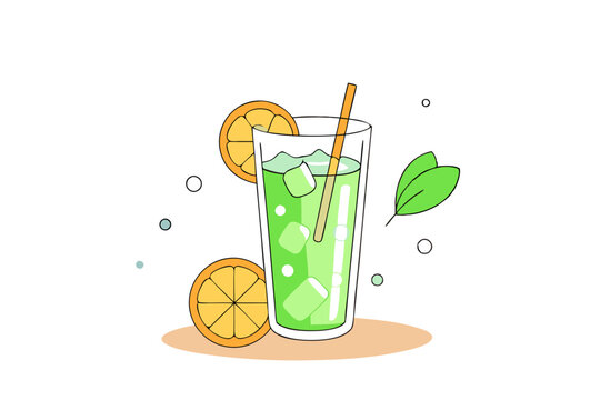 recommend clip art: Vibrant Line Drawing of a Mojito Glass Lime, Mint, and Ice Cubes Illustration