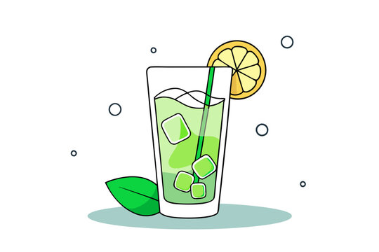 recommend clip art: Vibrant Line Drawing of a Mojito Glass Lime, Mint, and Ice Cubes Illustration