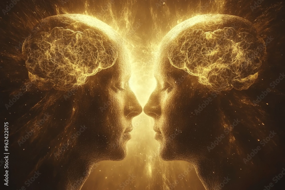 Poster synaptic circuits cognitive network fiery human profiles facing each other with glowing brains repre