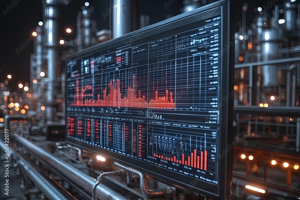 Poster data analysis display at night in an industrial facility showcasing performance metrics and statisti