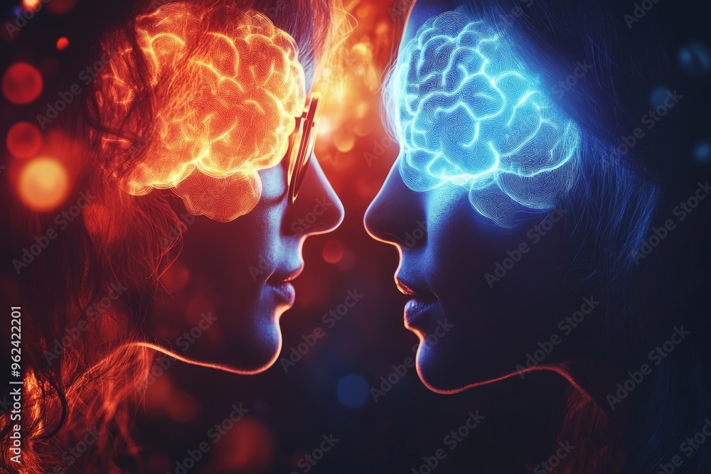 Poster neural synapses cognitive network dual female profiles with contrasting red and blue illuminated bra