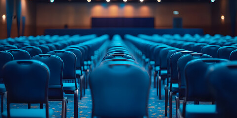 Empty conference hall with blue chairs Rear view