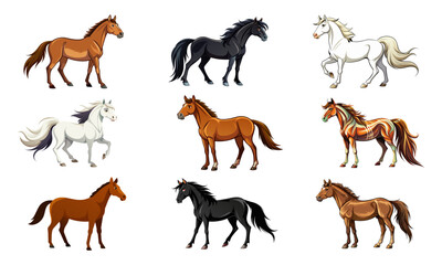 Obraz premium Set of various cartoon horses isolated on white background. Concepts of farm animals, horse breeds, cute illustrations, wild mustangs, livestock. Print, icon, design elements.