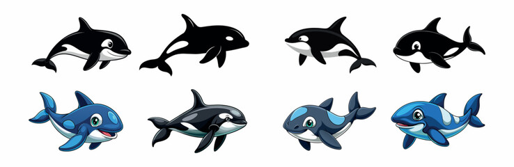 Obraz premium Collection of playful cartoon killer whales in various poses. Concept of marine animals, ocean life, cute orca illustrations, character design for kids