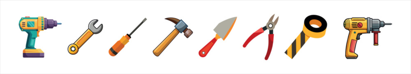 Colorful Illustration of Hand Tools Including Drill, Wrench, Screwdriver, Hammer, Trowel, Pliers, Tape on a White Background. Concept of DIY, Home Improvement, Hardware, and Construction Equipment