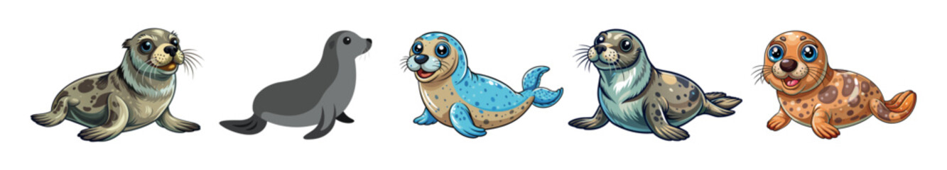Fototapeta premium Adorable cartoon seals set isolated on a white background. Concept of cute marine animals, ocean life, playful cartoon seals. Illustration, design element, kids' art